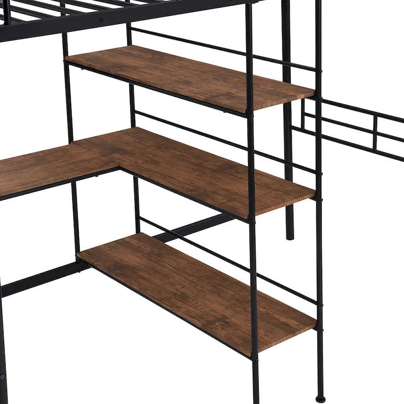 Black Twin Size Metal Loft Bed and Built-in Desk and Shelves for Kids, Boys and Girls