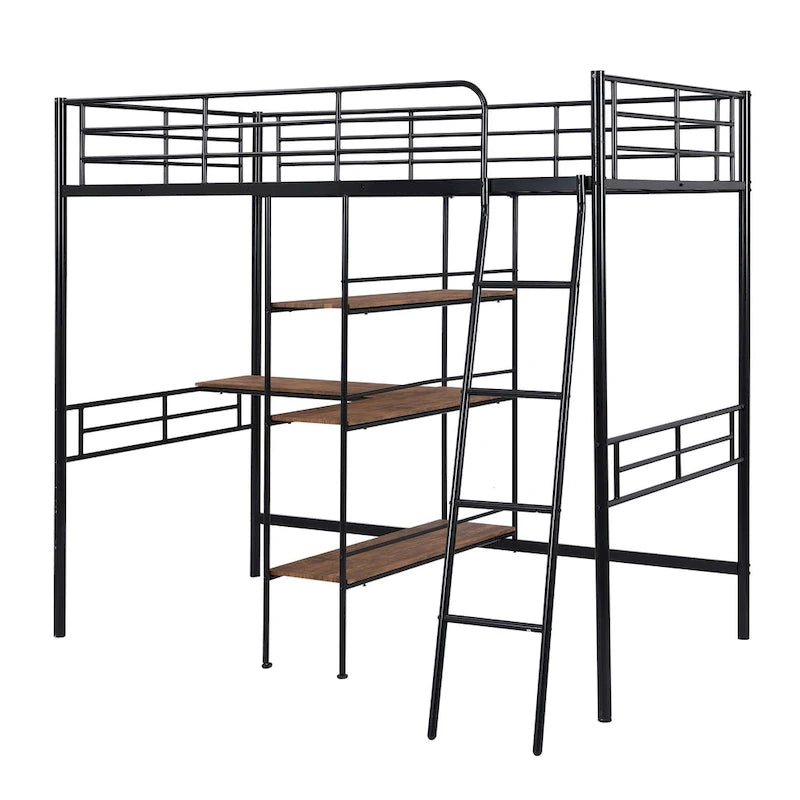 Black Twin Size Metal Loft Bed and Built-in Desk and Shelves for Kids, Boys and Girls
