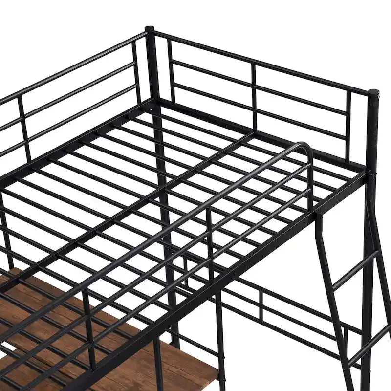 Black Twin Size Metal Loft Bed and Built-in Desk and Shelves for Kids, Boys and Girls