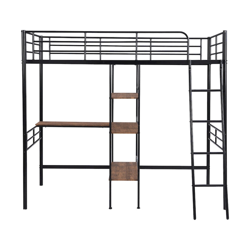 Black Twin Size Metal Loft Bed and Built-in Desk and Shelves for Kids, Boys and Girls