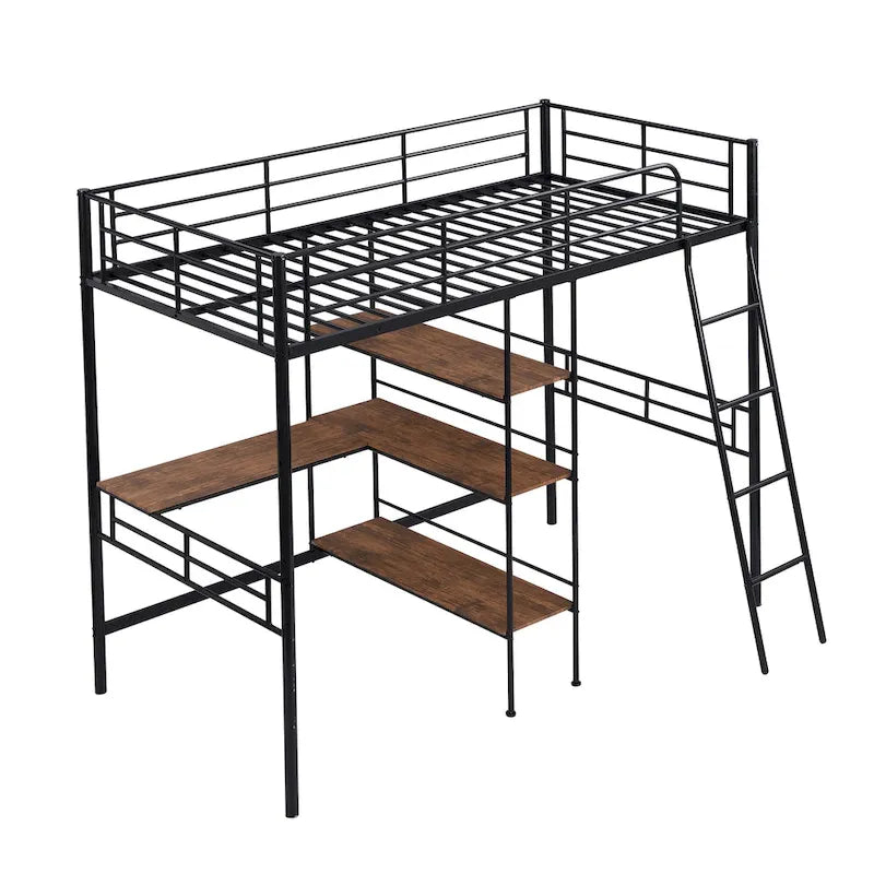 Black Twin Size Metal Loft Bed and Built-in Desk and Shelves for Kids, Boys and Girls
