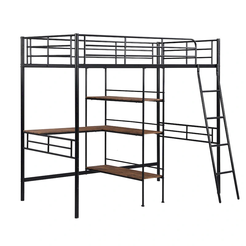Black Twin Size Metal Loft Bed and Built-in Desk and Shelves for Kids, Boys and Girls