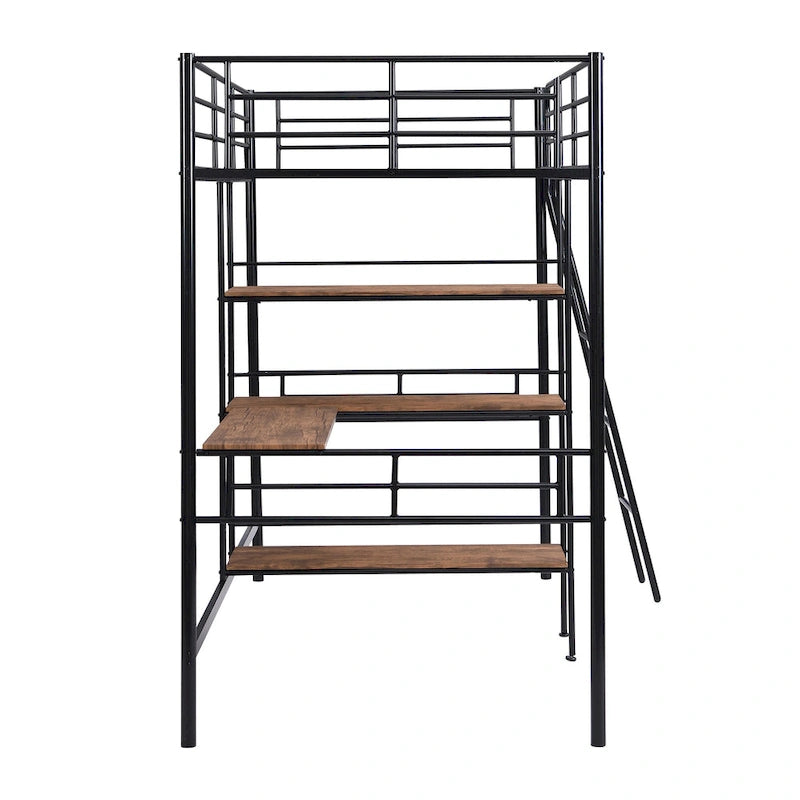 Black Twin Size Metal Loft Bed and Built-in Desk and Shelves for Kids, Boys and Girls