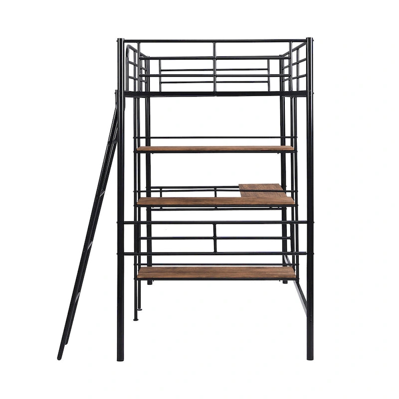 Black Twin Size Metal Loft Bed and Built-in Desk and Shelves for Kids, Boys and Girls