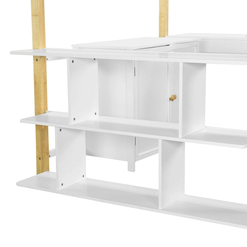 White Full Size Solid Wood Loft Bed with Built-in Storage and Foldable Desk