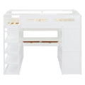 White Full Size Solid Wood Loft Bed with Desk, Wardrobes, and Shelves