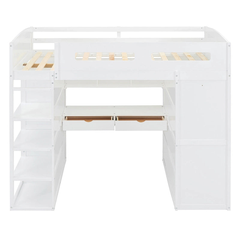 White Full Size Solid Wood Loft Bed with Desk, Wardrobes, and Shelves