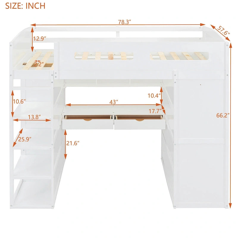 White Full Size Solid Wood Loft Bed with Desk, Wardrobes, and Shelves