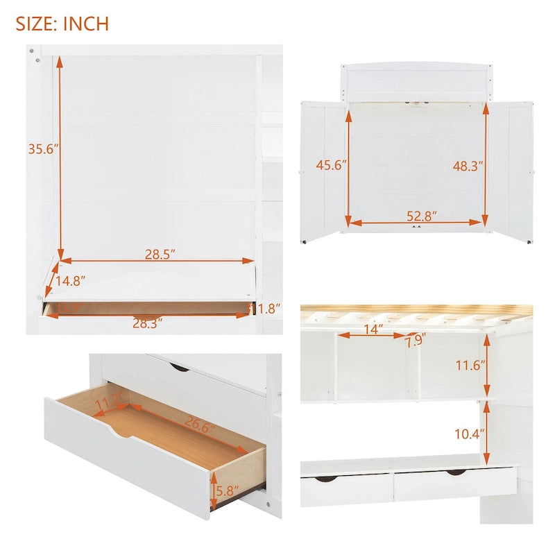 White Full Size Solid Wood Loft Bed with Desk, Wardrobes, and Shelves