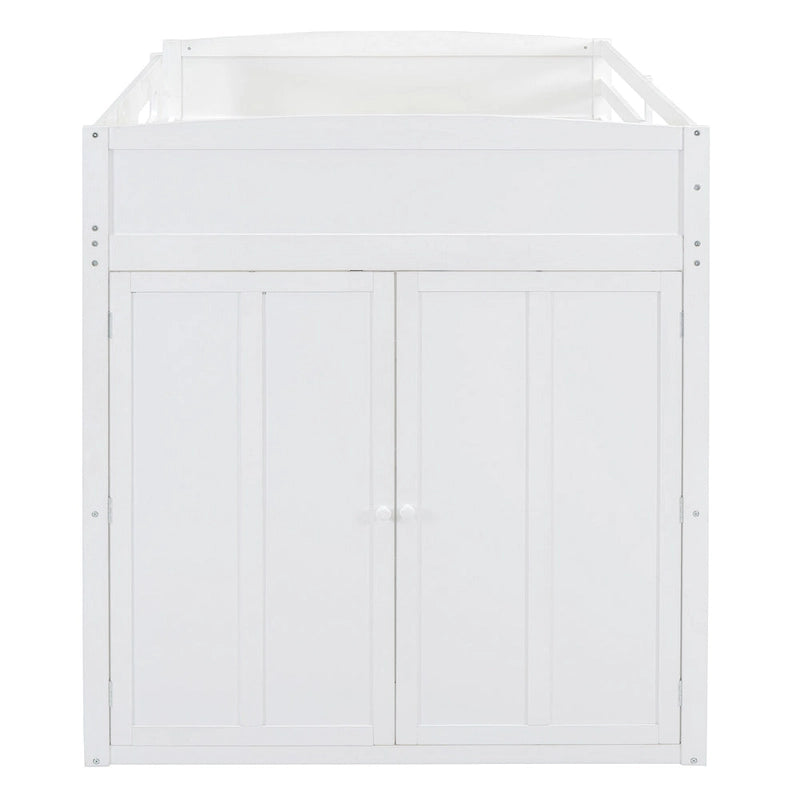 White Full Size Solid Wood Loft Bed with Desk, Wardrobes, and Shelves