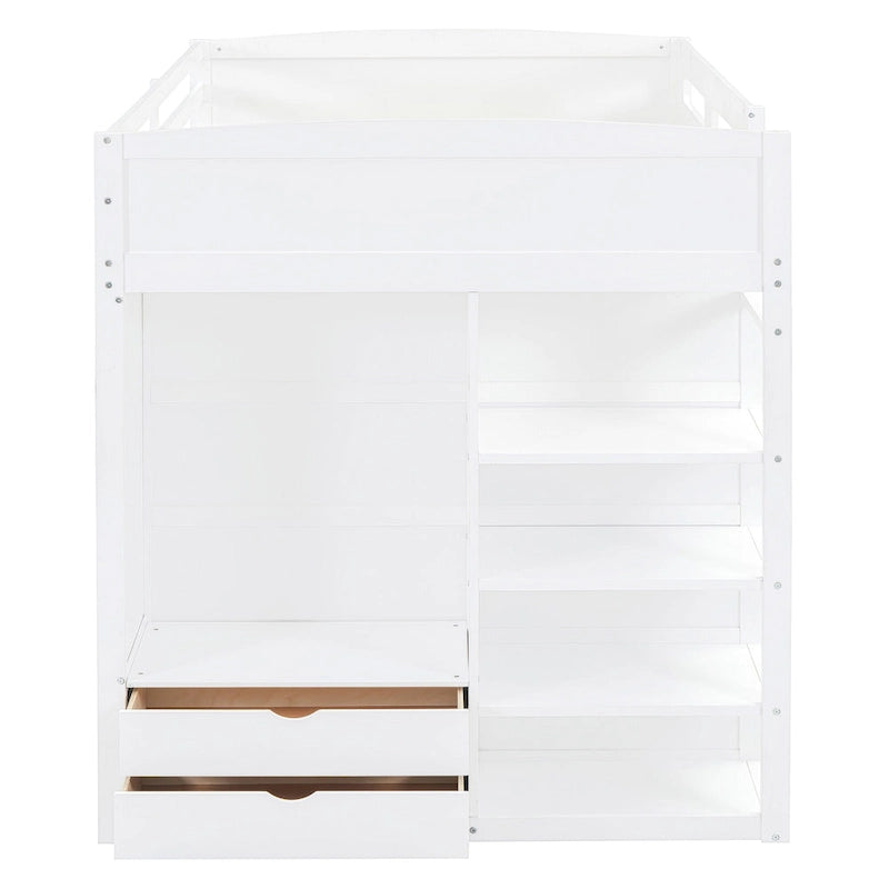 White Full Size Solid Wood Loft Bed with Desk, Wardrobes, and Shelves