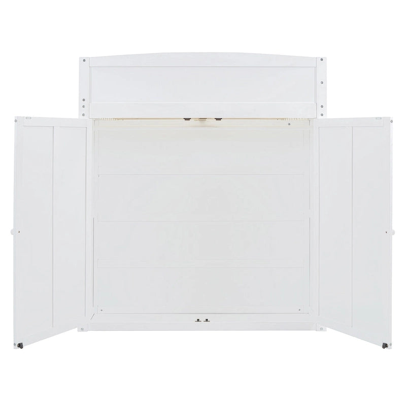 White Full Size Solid Wood Loft Bed with Desk, Wardrobes, and Shelves