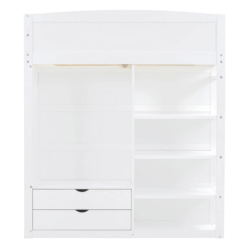 White Full Size Solid Wood Loft Bed with Desk, Wardrobes, and Shelves