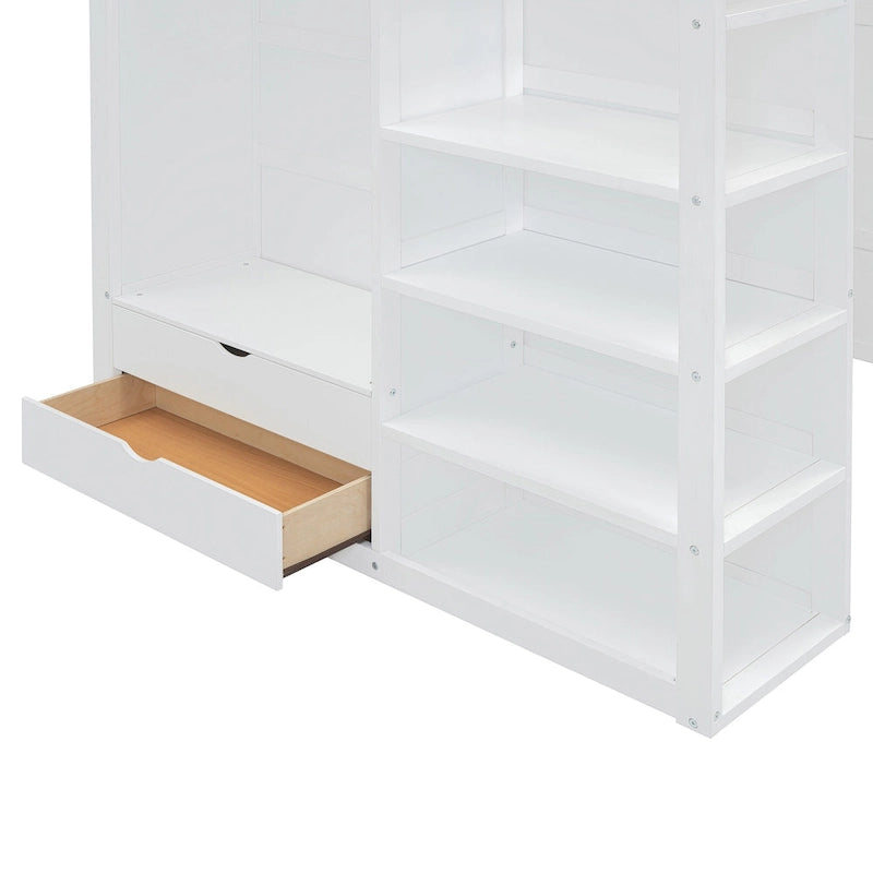 White Full Size Solid Wood Loft Bed with Desk, Wardrobes, and Shelves