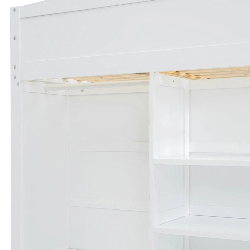White Full Size Solid Wood Loft Bed with Desk, Wardrobes, and Shelves