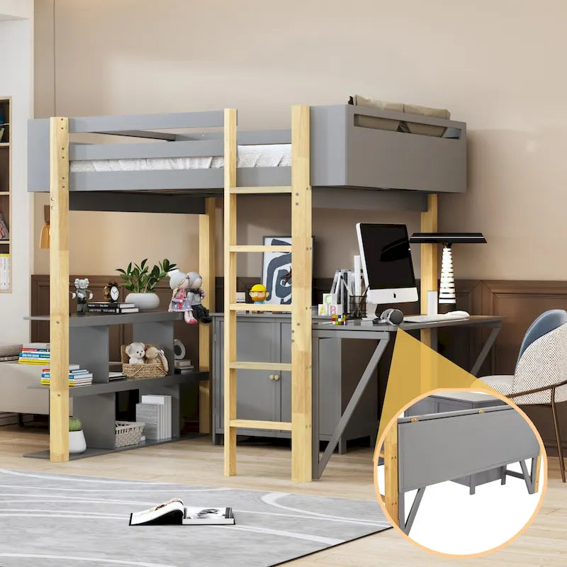 Gray Twin Size Solid Wood Loft Bed with Built-in Storage and Foldable Desk