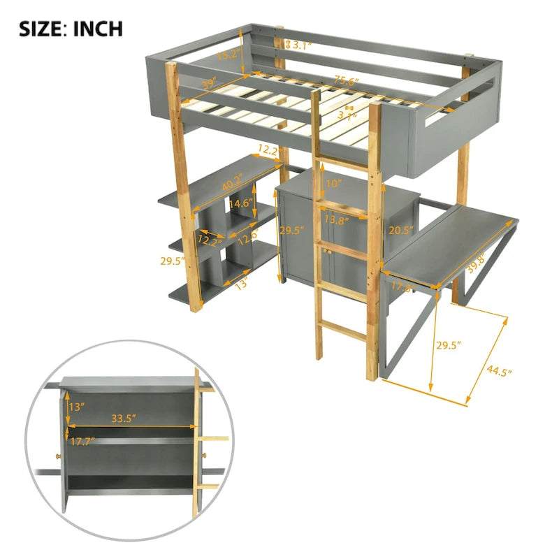 Gray Twin Size Solid Wood Loft Bed with Built-in Storage and Foldable Desk