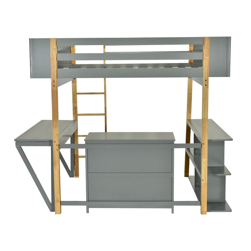 Gray Twin Size Solid Wood Loft Bed with Built-in Storage and Foldable Desk