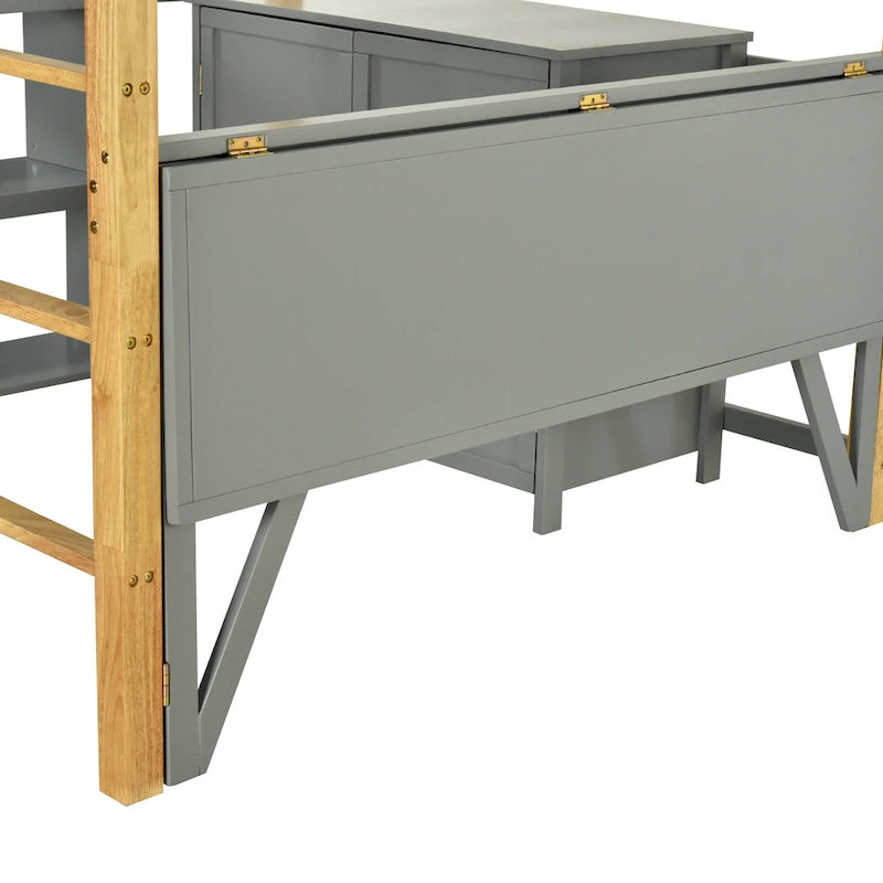 Gray Twin Size Solid Wood Loft Bed with Built-in Storage and Foldable Desk