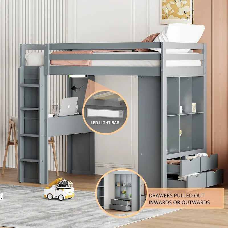 Gray Twin Size Solid Wood Loft Bed with Shelves and LED Light