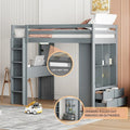 Gray Twin Size Solid Wood Loft Bed with Shelves and LED Light