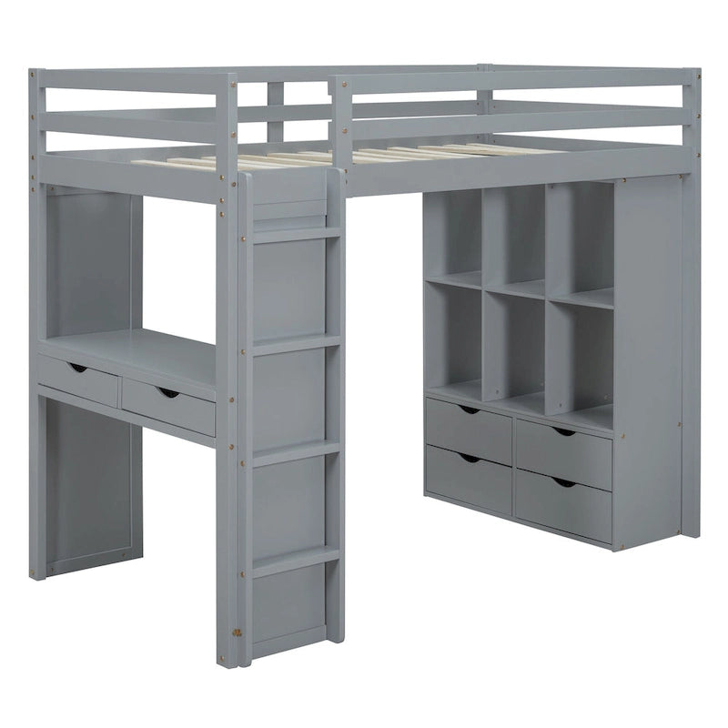 Gray Twin Size Solid Wood Loft Bed with Shelves and LED Light