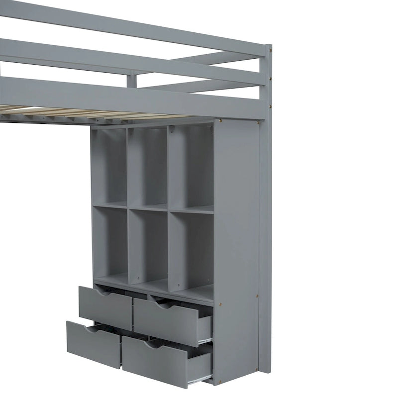 Gray Twin Size Solid Wood Loft Bed with Shelves and LED Light