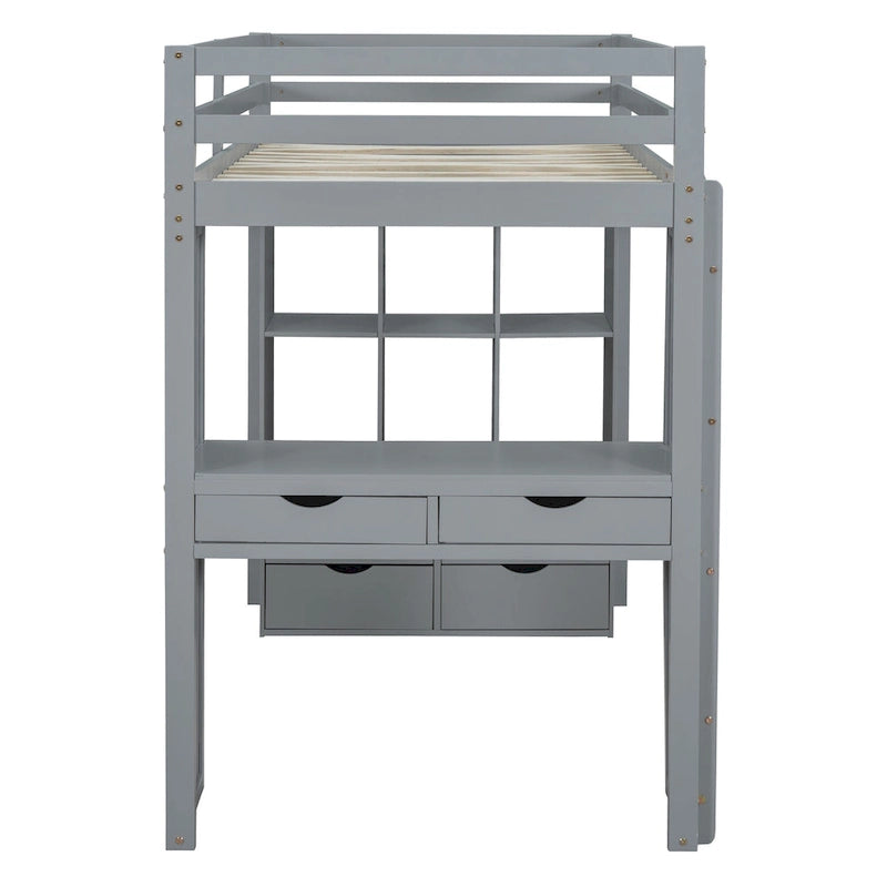 Gray Twin Size Solid Wood Loft Bed with Shelves and LED Light