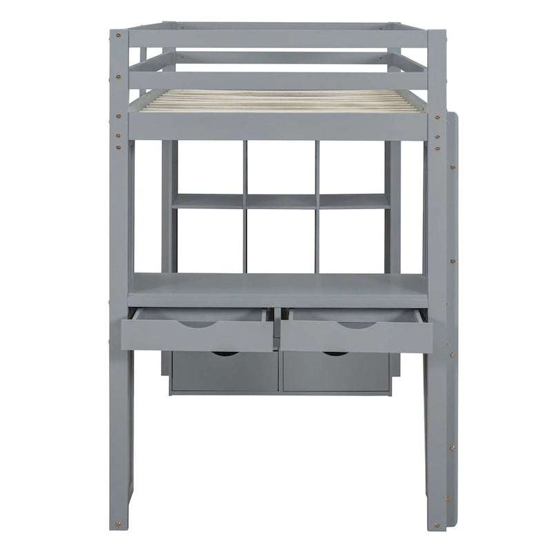 Gray Twin Size Solid Wood Loft Bed with Shelves and LED Light