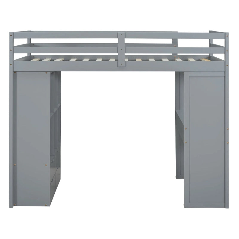 Gray Twin Size Solid Wood Loft Bed with Shelves and LED Light
