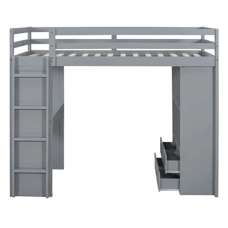 Gray Twin Size Solid Wood Loft Bed with Shelves and LED Light