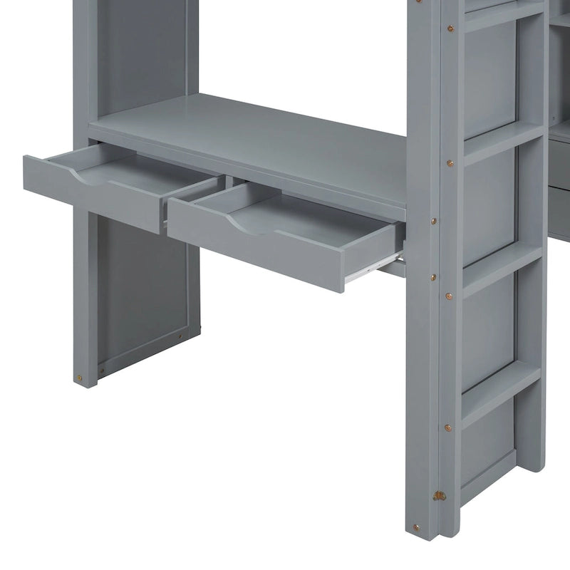 Gray Twin Size Solid Wood Loft Bed with Shelves and LED Light