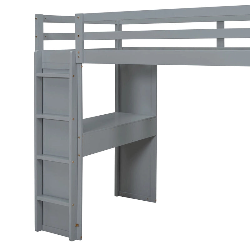 Gray Twin Size Solid Wood Loft Bed with Shelves and LED Light