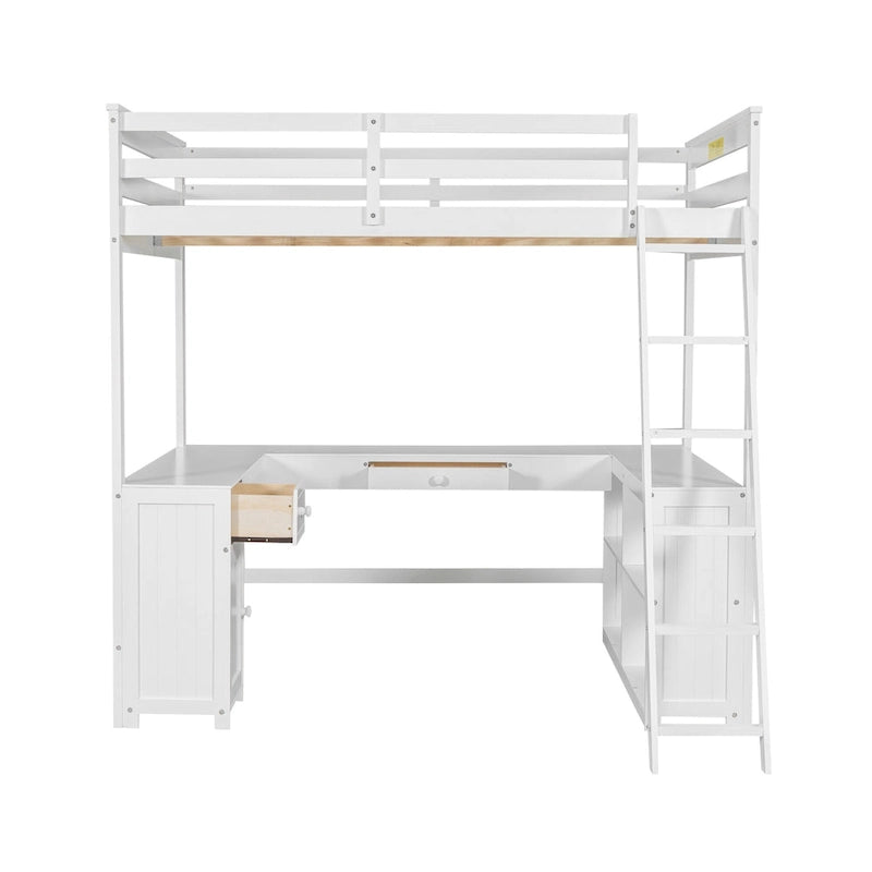 White Full Size Solid Wood Loft Bed with Desk, Blackboard, and Storage