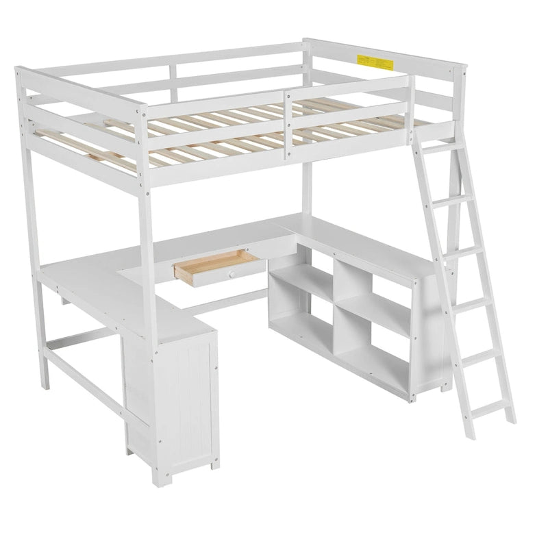 White Full Size Solid Wood Loft Bed with Desk, Blackboard, and Storage