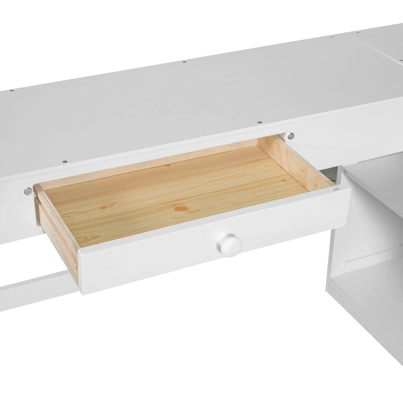 White Full Size Solid Wood Loft Bed with Desk, Blackboard, and Storage