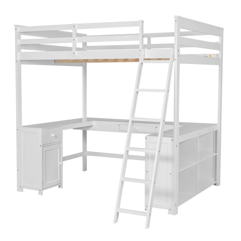 White Full Size Solid Wood Loft Bed with Desk, Blackboard, and Storage