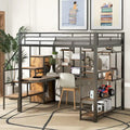 Black Full Size Metal Loft Bed with Storage Staircase and Small Wardrobe, Built-in Desk and Storage Shelves