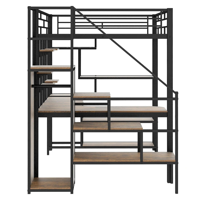 Black Full Size Metal Loft Bed with Storage Staircase and Small Wardrobe, Built-in Desk and Storage Shelves