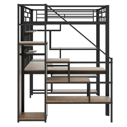 Black Full Size Metal Loft Bed with Storage Staircase and Small Wardrobe, Built-in Desk and Storage Shelves