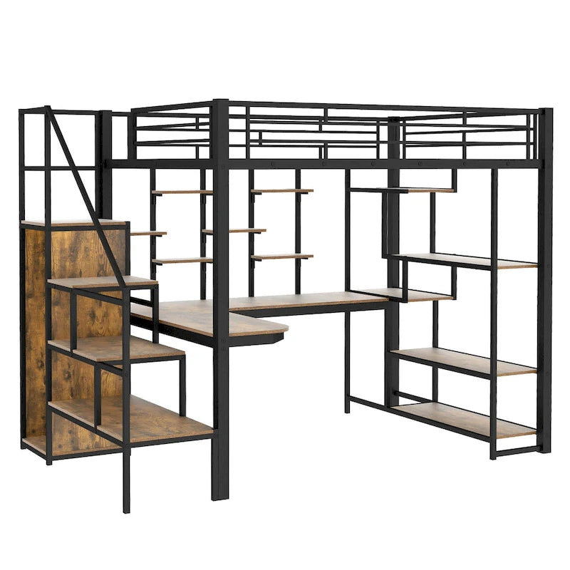 Black Full Size Metal Loft Bed with Storage Staircase and Small Wardrobe, Built-in Desk and Storage Shelves