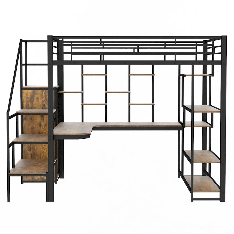 Black Full Size Metal Loft Bed with Storage Staircase and Small Wardrobe, Built-in Desk and Storage Shelves