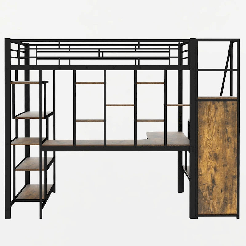 Black Full Size Metal Loft Bed with Storage Staircase and Small Wardrobe, Built-in Desk and Storage Shelves