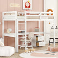 White Twin Size Wood Loft Wood Bed with Under-bed, Built-in Desk, a Storage Cabinet of 2 Drawers, Guardrails and Ladder