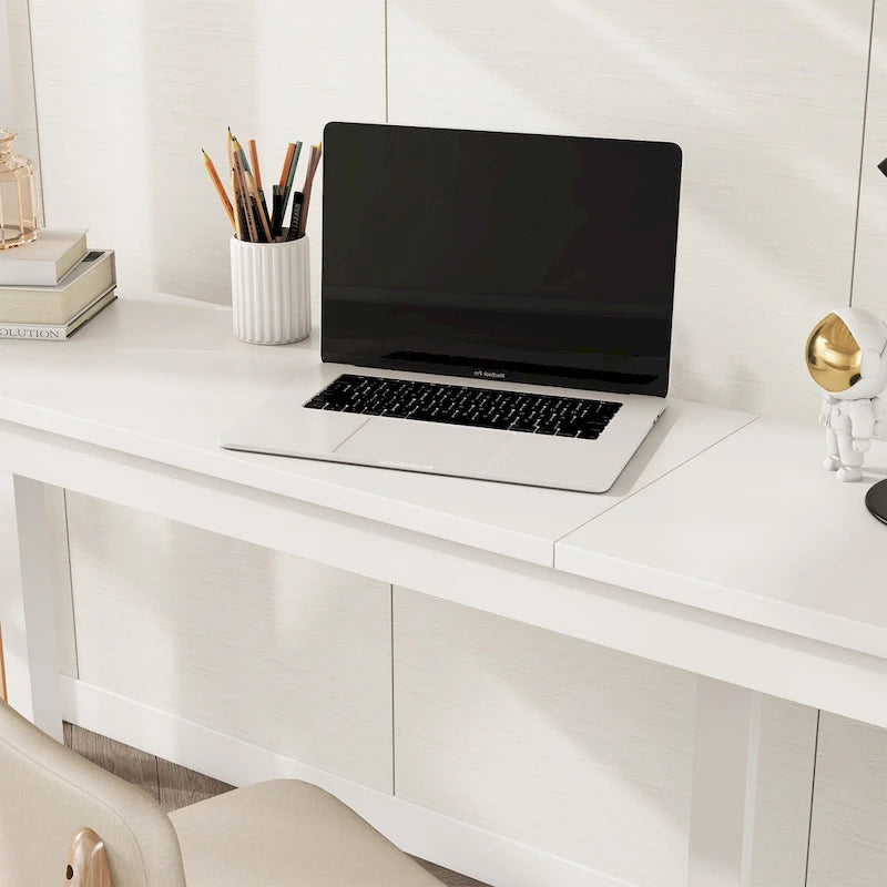 White Twin Size Wood Loft Wood Bed with Under-bed, Built-in Desk, a Storage Cabinet of 2 Drawers, Guardrails and Ladder