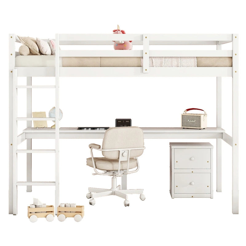 White Twin Size Wood Loft Wood Bed with Under-bed, Built-in Desk, a Storage Cabinet of 2 Drawers, Guardrails and Ladder