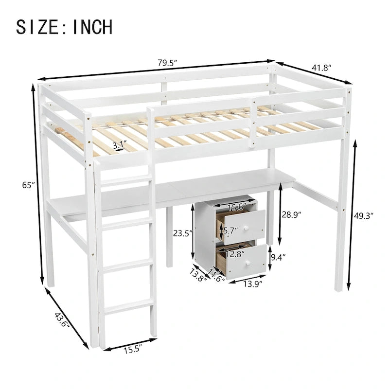 White Twin Size Wood Loft Wood Bed with Under-bed, Built-in Desk, a Storage Cabinet of 2 Drawers, Guardrails and Ladder