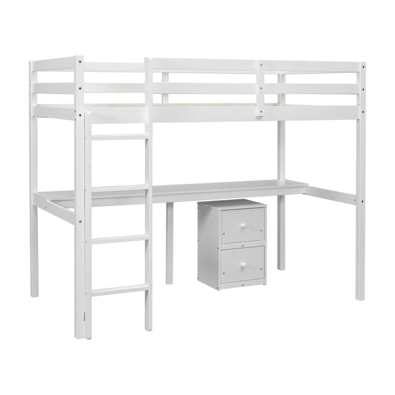 White Twin Size Wood Loft Wood Bed with Under-bed, Built-in Desk, a Storage Cabinet of 2 Drawers, Guardrails and Ladder
