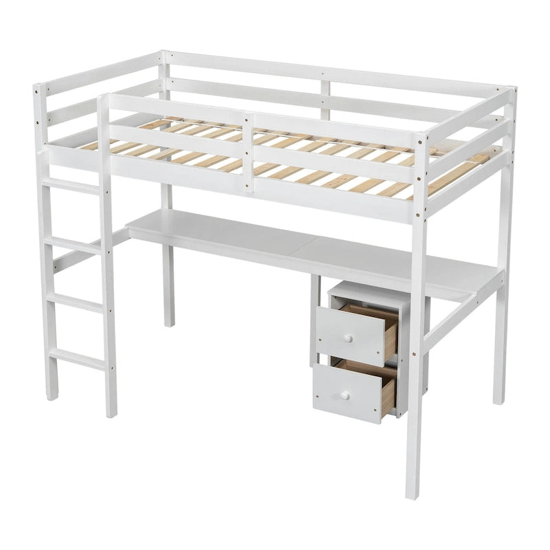 White Twin Size Wood Loft Wood Bed with Under-bed, Built-in Desk, a Storage Cabinet of 2 Drawers, Guardrails and Ladder