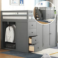 Gray Full Size Wood Loft Bed with Built-in Wardrobes and Drawers